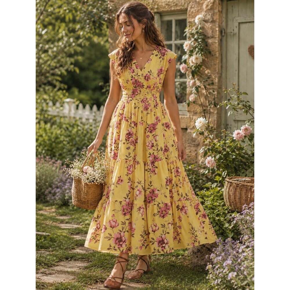 Anthropologie Meadow Rhodes Yellow Floral Cotton Tiered Maxi Dress L Cottagecore